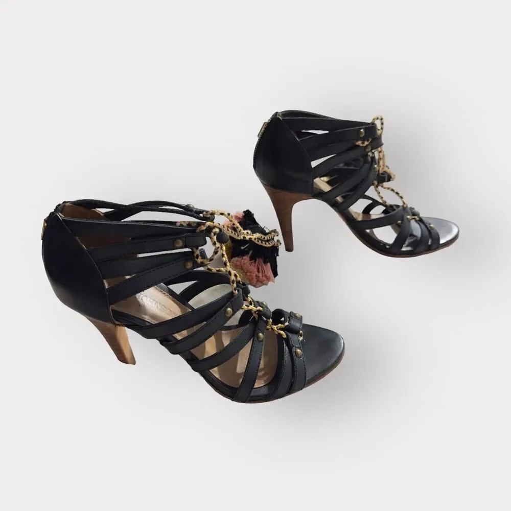 Ulla Johnson Tassel Accent Heels Sandals Women's 37 Black Brown Strappy